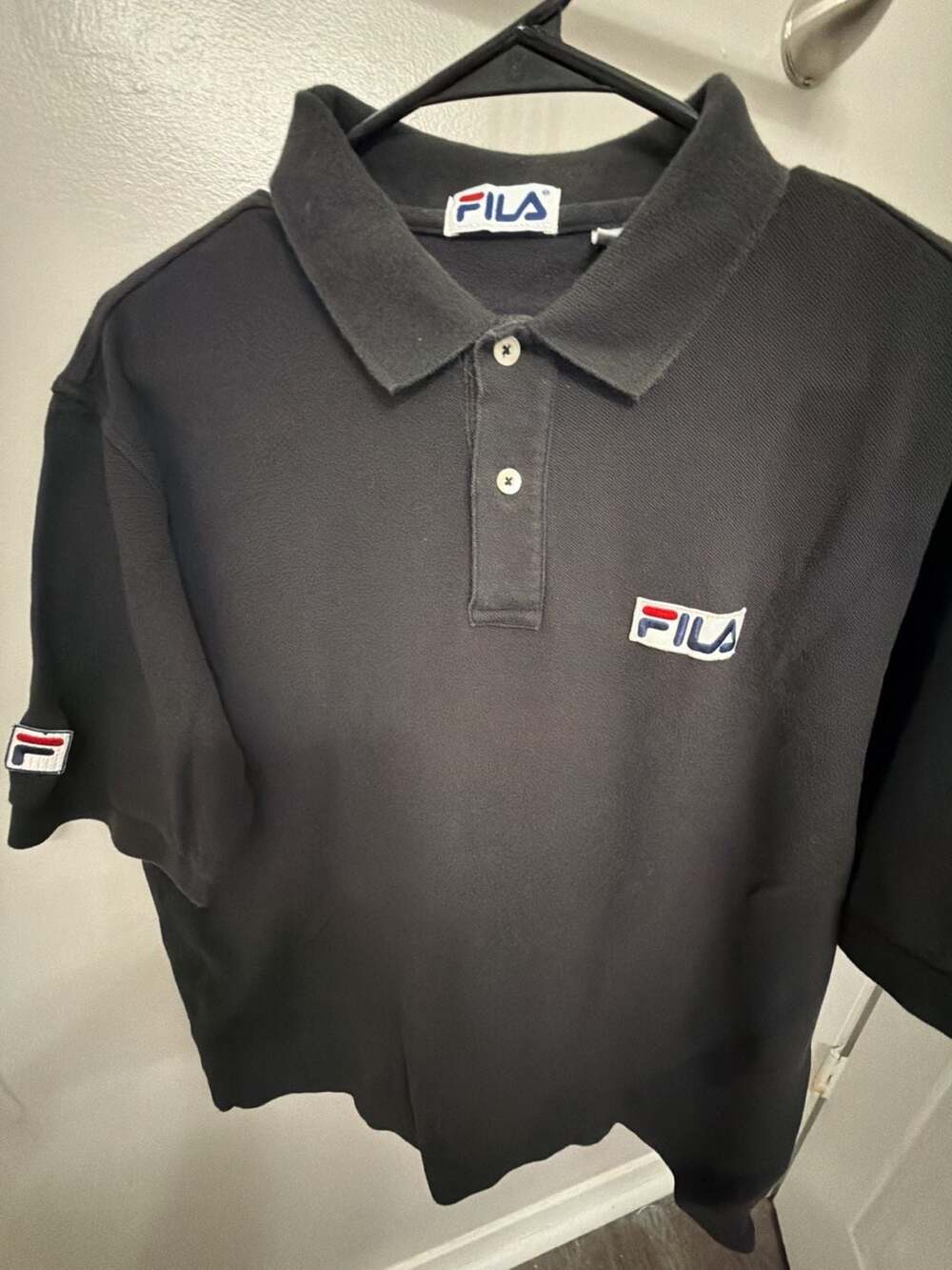 Vintage 90s FILA Polo Shirt Mens M Black Made USA Embroidered Logo Cotton